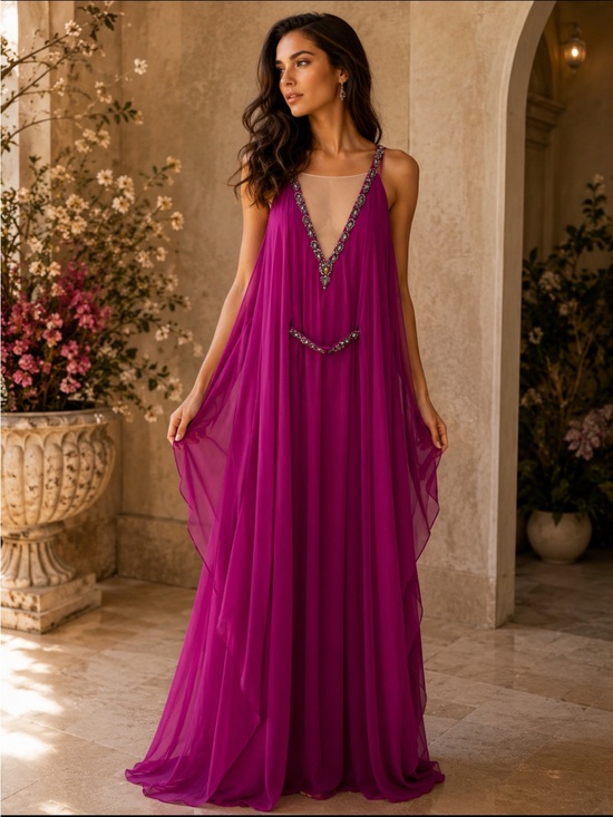 Theia Dresses & Skirts - Theia Fuchsia Beaded V-Neck Maxi Gown